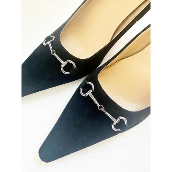NWOB Ann Taylor Crystal Chainbit Nip Toe Suede Pump Heels Black 9.5 - Picture 5 of 6